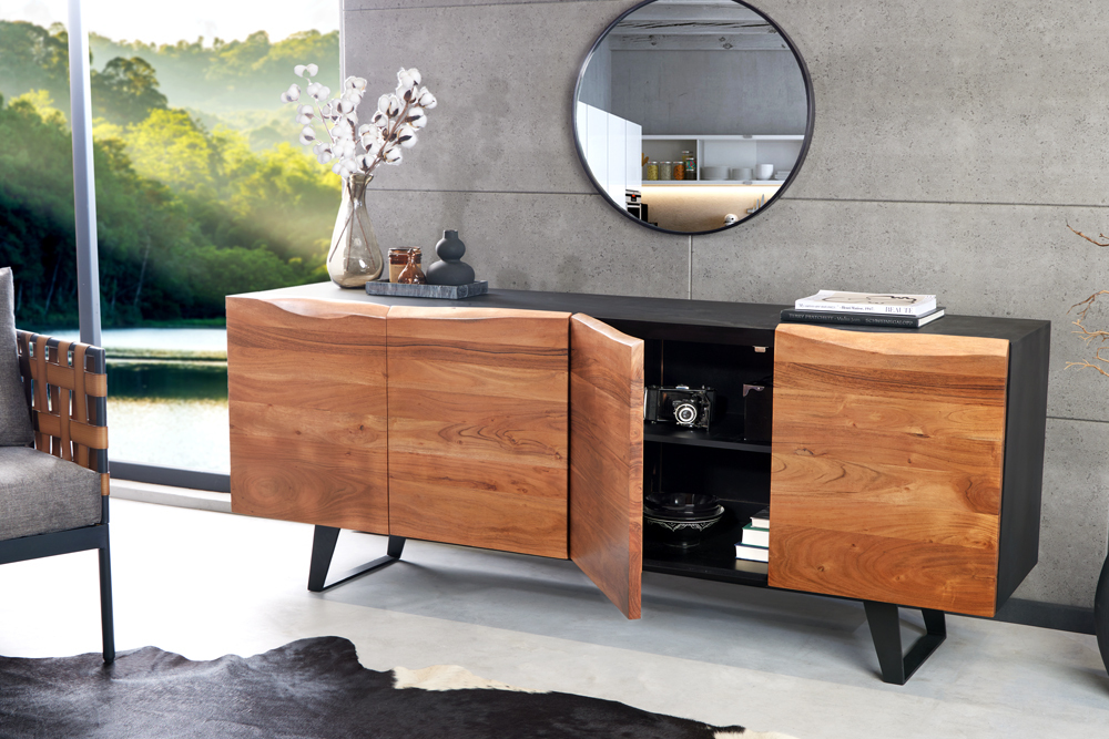 Industrial Design Sideboard ORGANIC ARTWORK 180cm Akazie Massivholz Eisengestell
