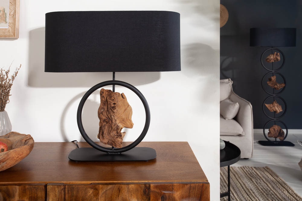Design Tischlampe ELEMENTS 58cm schwarz Baumwollschirm Fuß mit Massivholz
