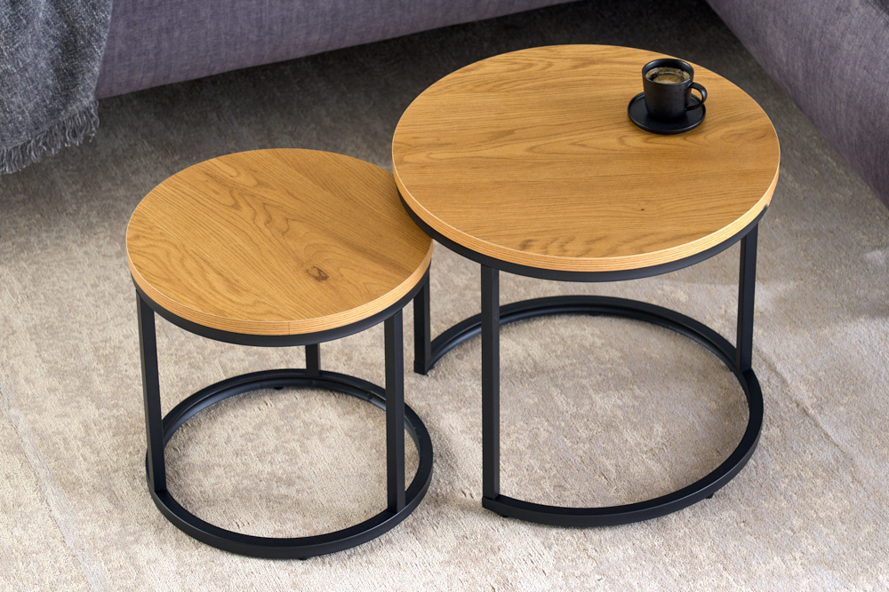 Runde Beistelltische 2er Set ELEGANCE 45cm natur Wildeiche-Design Holz schwarzes Metallgestell
