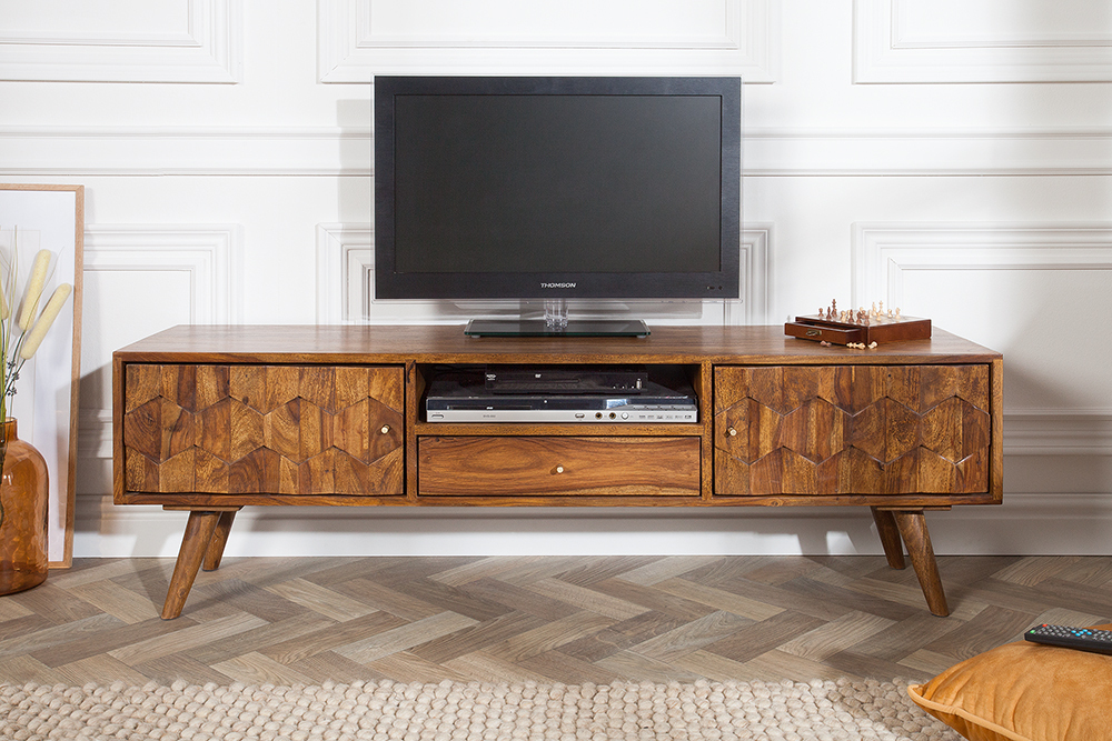 Massives TV-Board MYSTIC LIVING 140cm braun Sheesham Massivholz stone finish 3D -Front
