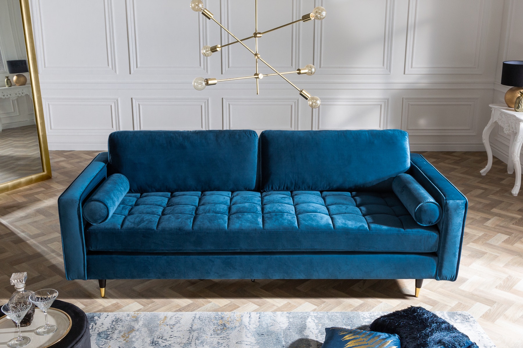 Design 3-Sitzer Sofa COZY VELVET 220cm petrol blau Samt Federkern Lounge