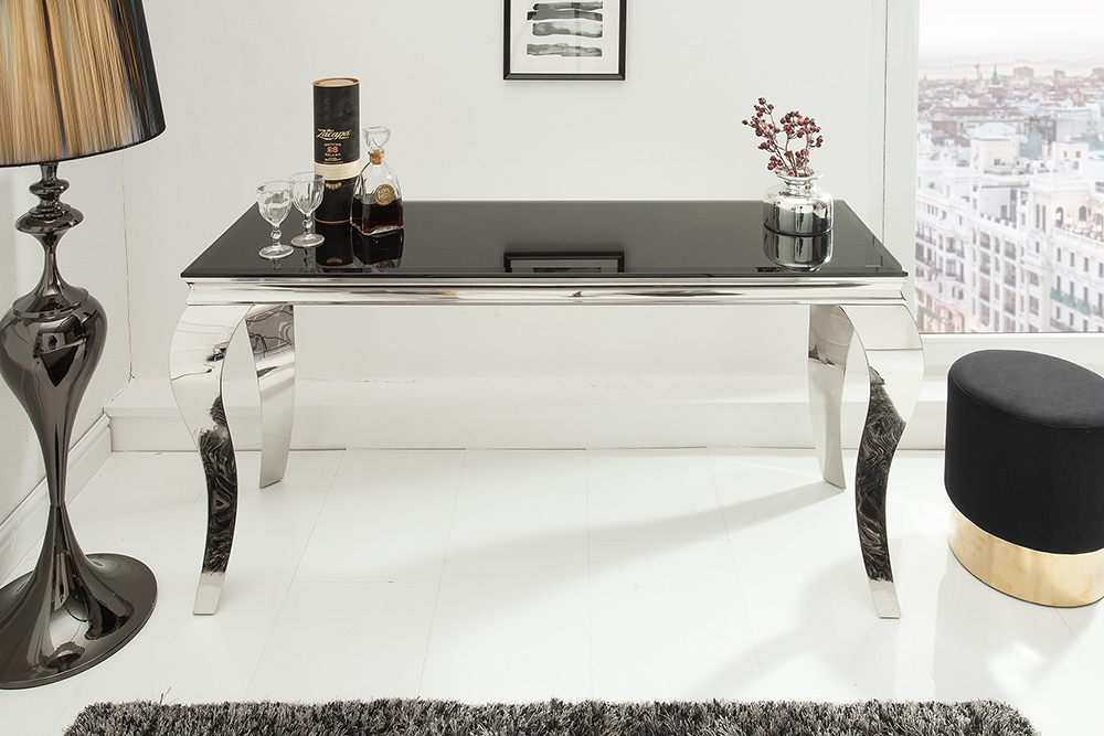 Eleganter Konsolentisch MODERN BAROCK 145cm schwarz Opalglas Edelstahlbeine
