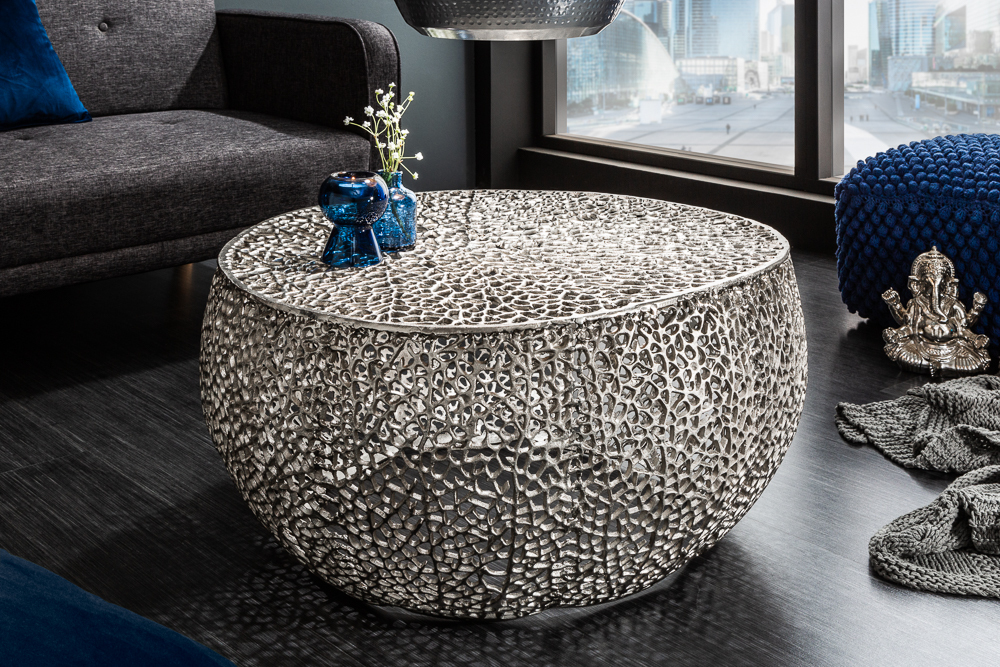 Filigraner Design Couchtisch ABSTRACT LEAF 80cm silber Handarbeit