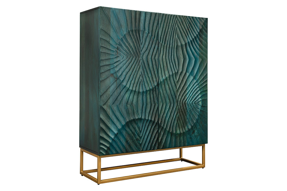 Massives Highboard SCORPION 120cm türkis Mangoholz mit 3D Schnitzereien gold Metall