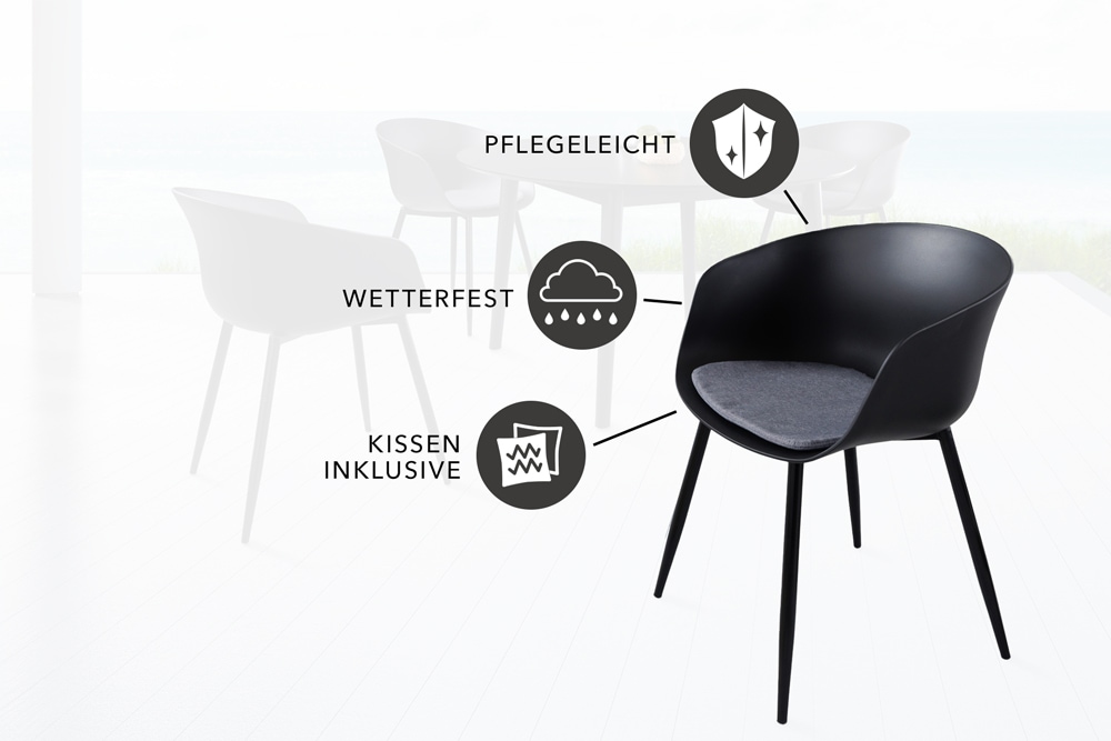 Moderner Stuhl DESIGNO schwarz Kunststoff Gartenstuhl mit Armlehnen Indoor Outdoor