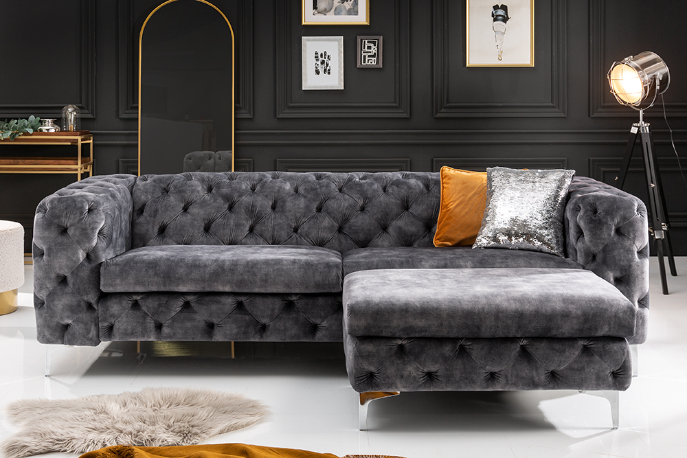 Chesterfield Hocker MODERN BAROCK 90cm dunkelgrau Samt Sitzhocker Fußhocker