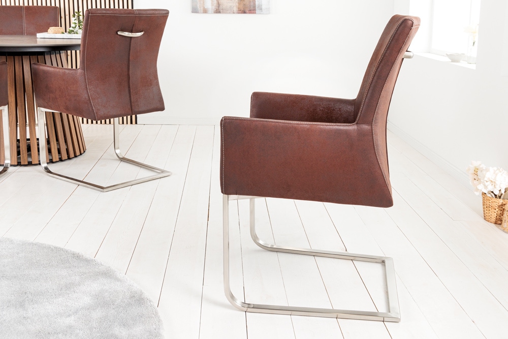 Freischwinger Stuhl SAMSON dark coffee mit Armlehne und Edelstahlrahmen