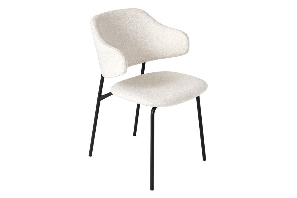 Design Stuhl VOGUE weiß Bouclé schwarze Metallbeine