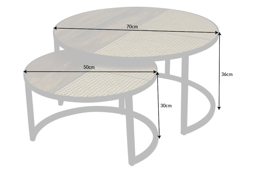 2er Set Couchtisch VIENNA LOUNGE 70cm rund Mangoholz massiv Wiener Geflecht Metall schwarz