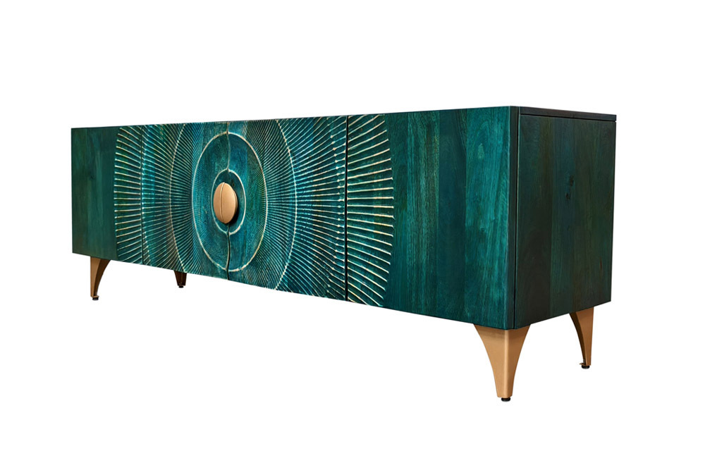 Massives TV-Lowboard GOLDEN SUNSET 180cm türkis 3D-Schnitzereien gold Mangoholz Metall