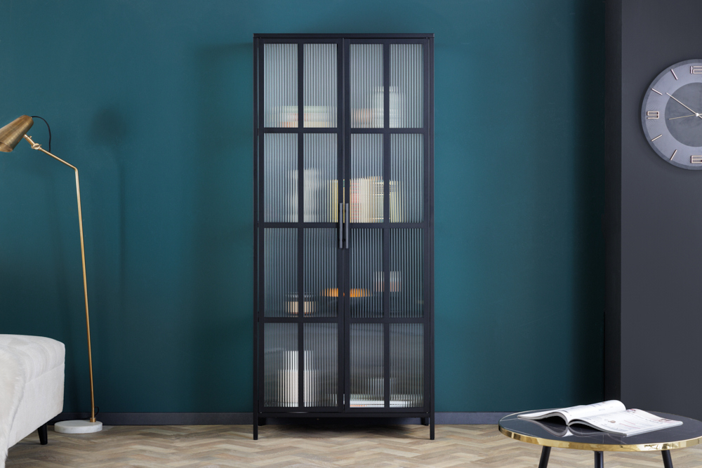 Industrial Vitrine DURA STEEL 180cm schwarz Metall Riffelglas Highboard