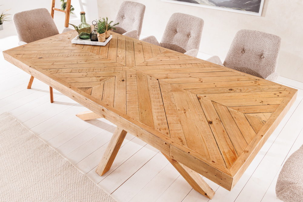 Massivholz Esstisch MOSAIK 160cm natur Pinienholz recycelt Sterngestell