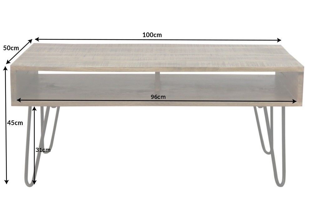 Massiver Couchtisch SCORPION 100cm natur Mangoholz Metall Hairpin Legs mit Ablage