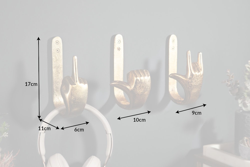 Extravagante Kleiderhaken FINGERS gold Metall-Aluminium 3er Set Wandgarderobe
