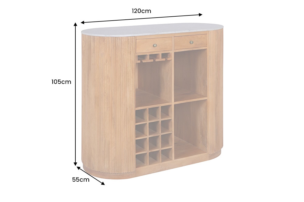 Massiver Bartisch TRES CHIC 120cm braun Mangoholz weiß Marmor mit Flaschenregal