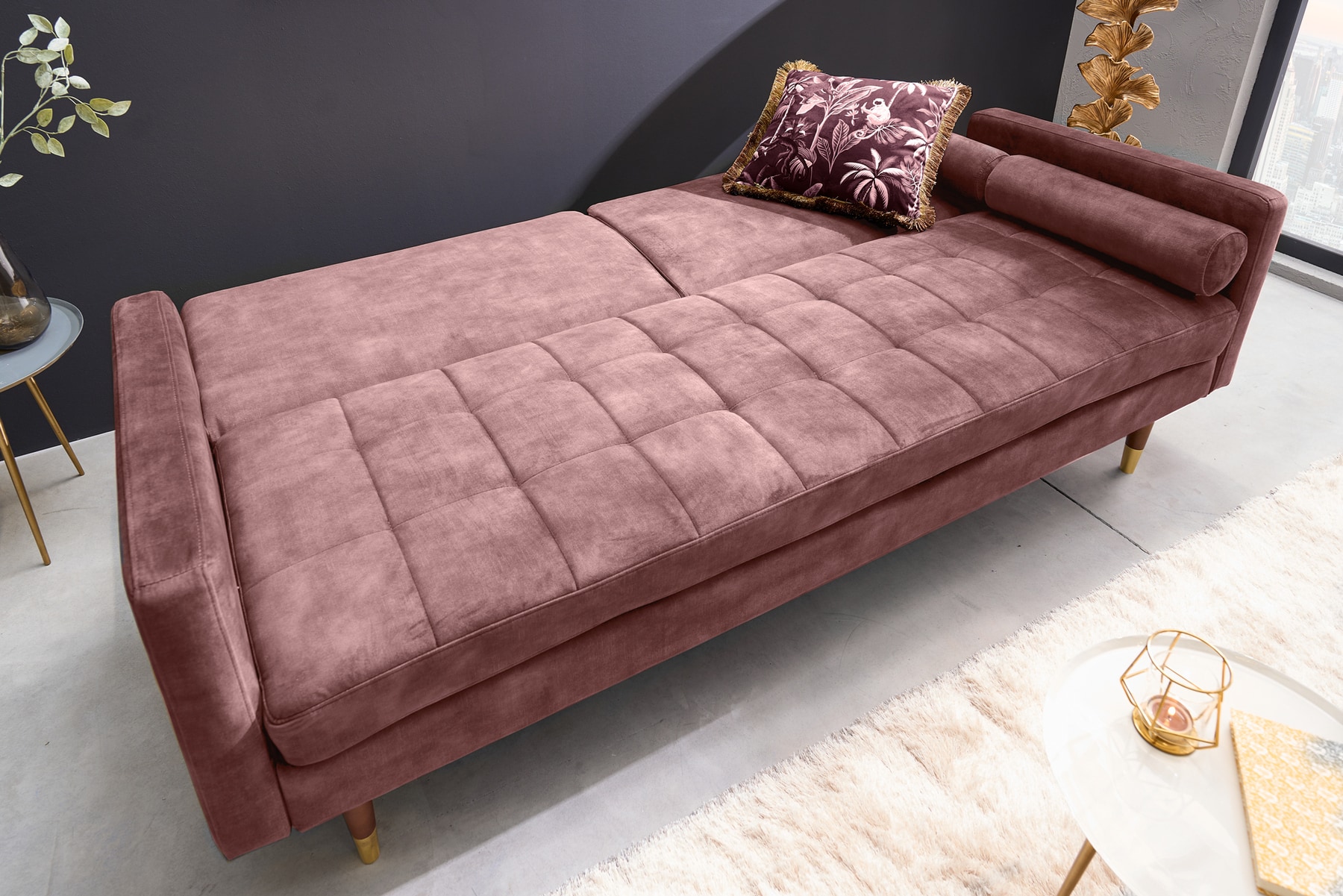Modernes Schlafsofa COUTURE 200cm altrosa Microvelours 3-Sitzer Couch mit Schlaffunktion