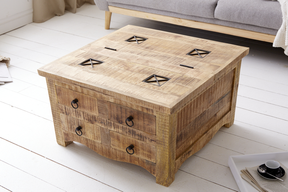 Massiver Couchtisch IRON CRAFT 70cm natur Holz Truhe mit Schubladen und Stauraum