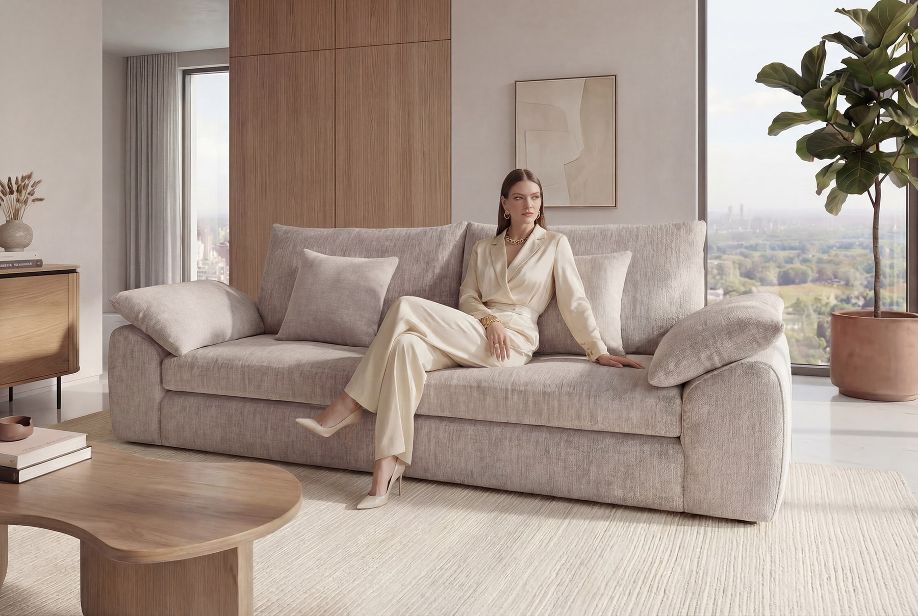 Stilvolles Sofa SOHO 225cm beige Chenille 3-Sitzer Couch mit Wellenunterfederung