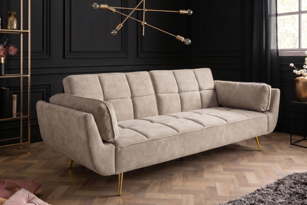 Retro Schlafsofa BOUTIQUE 215cm champagner beige Samt 3-Sitzer mit goldenen Füßen