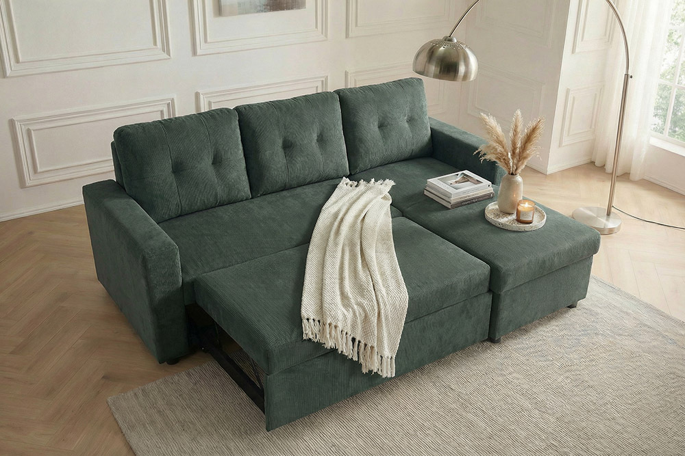 Ecksofa mit Schlaffunktion APARTMENT beidseitig aufbaubar grün Cord inkl. Stauraum