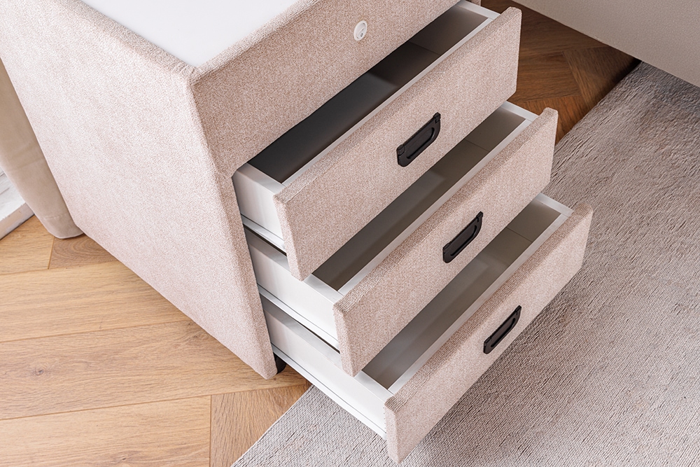 Quadratischer Nachttisch TOULOUSE 55cm beige Samt inkl. Beleuchtung und Schubladen