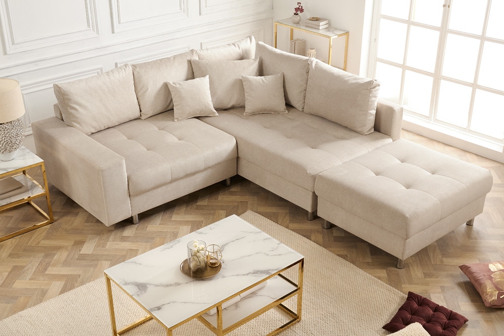 Moderne Wohnlandschaft KENT 220cm champagner beige Vogue Velours Samt Federkern mit Hocker
