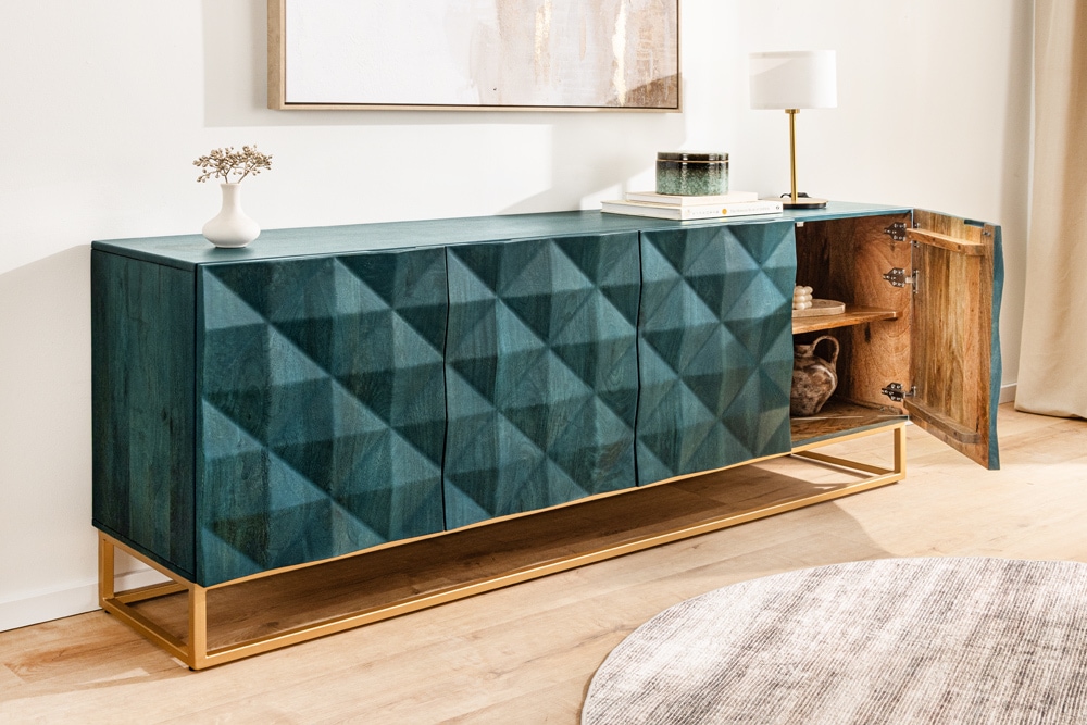 Massives Sideboard VULCANO 180cm türkis Mangoholz gold Metallgestell Massives Sideboard VULCANO 180cm türkis Mangoholz gold Metallgestell
