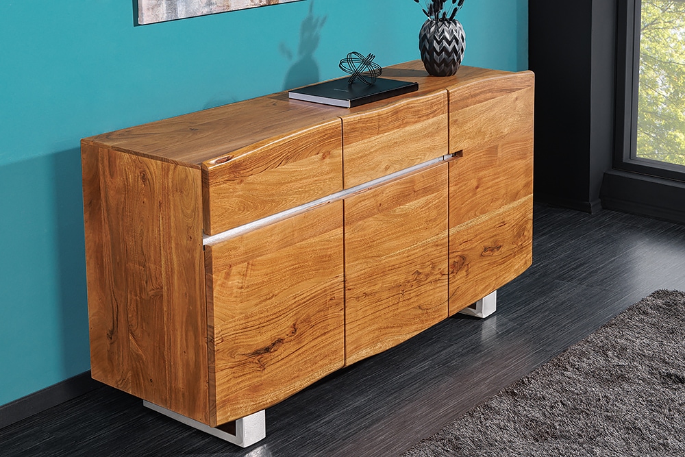 Massivholz Sideboard MAMMUT 135cm Akazie Kommode mit Schubladen Baumkante Edelstahl