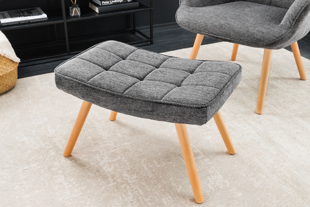Moderner Hocker SCANDINAVIA grau Strukturstoff Massivholz-Beine Fußhocker
