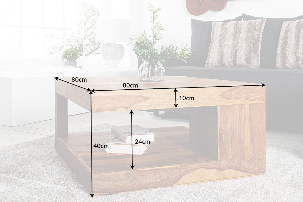 Design Couchtisch GIANT 80cm braun Sheesham Massivholz stone finish mit Ablage