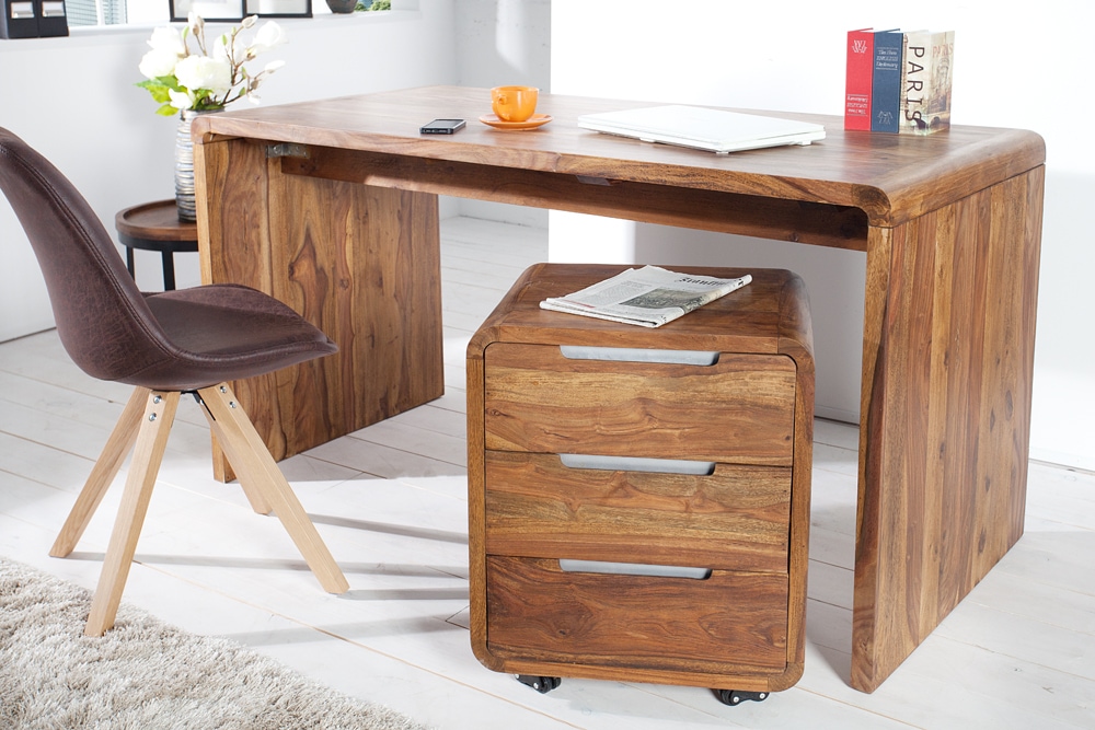 Massiver Rollcontainer CUBUS 60cm braun Sheeshamholz stone finish drei Schubladen