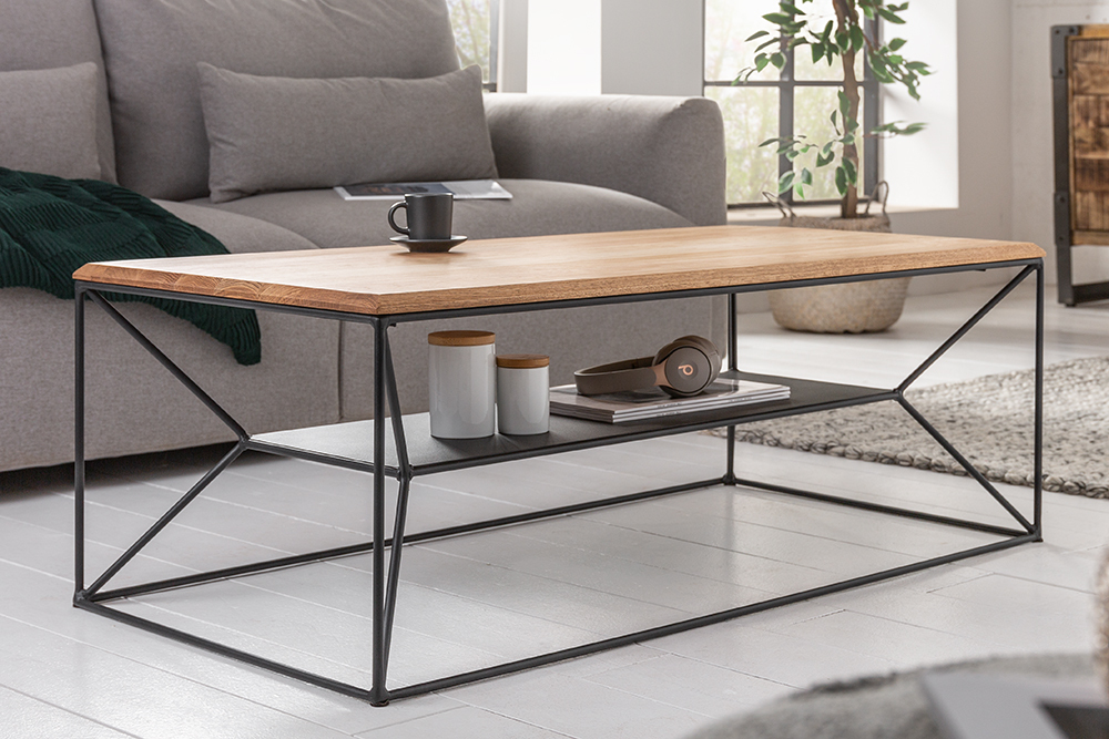 Massivholz Couchtisch ARCHITECTURE 110cm Eiche geölt schwarzes Metallgestell mit Ablage