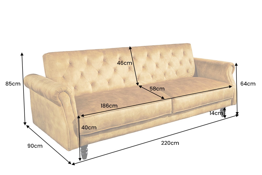 3-Sitzer Sofa MAISON BELLE AFFAIRE 220cm senfgelb Samt mit Schlaffunktion