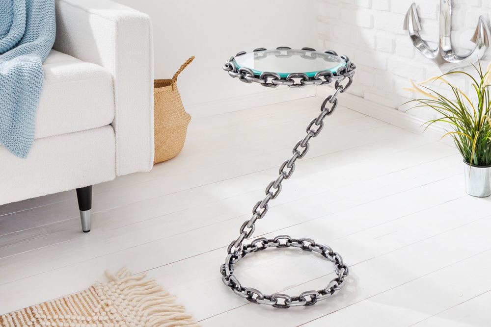 Design Beistelltisch CHAINS 35cm silber handmade Metall rund Glasplatte Kettengestell » Jetzt kaufen