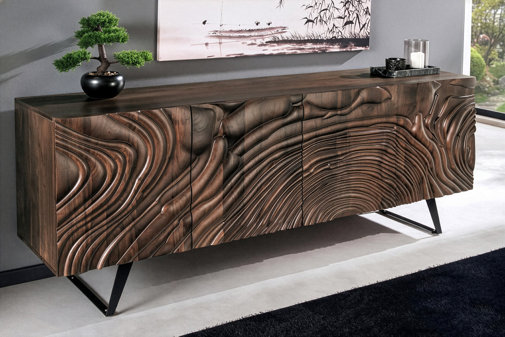 Massives Sideboard FLUID 175cm braun Mangoholz 3D-Design Kufengestell