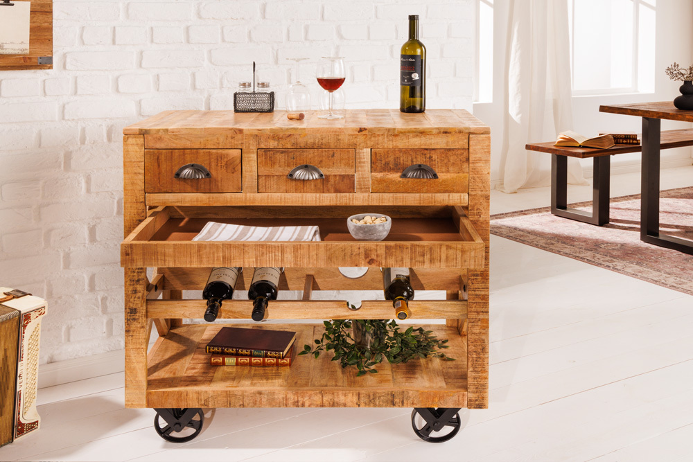 Industrial Barschrank BODEGA 86cm Mangoholz Servierwagen mit Weinregal