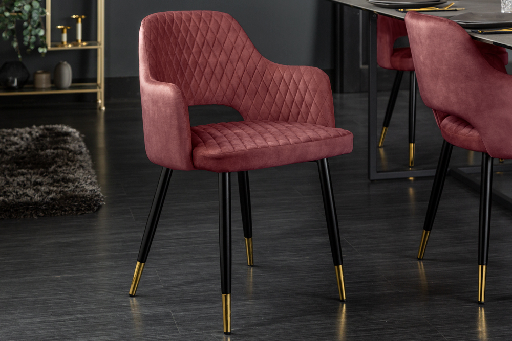 Eleganter Stuhl PARIS bordeaux Vogue Seidenstoff Samt goldene Fußkappen und Armlehnen