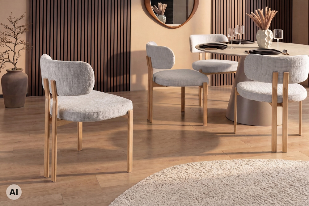 Design Stuhl BELLANO creme beige Chenille Cremona Metallgestell Eiche