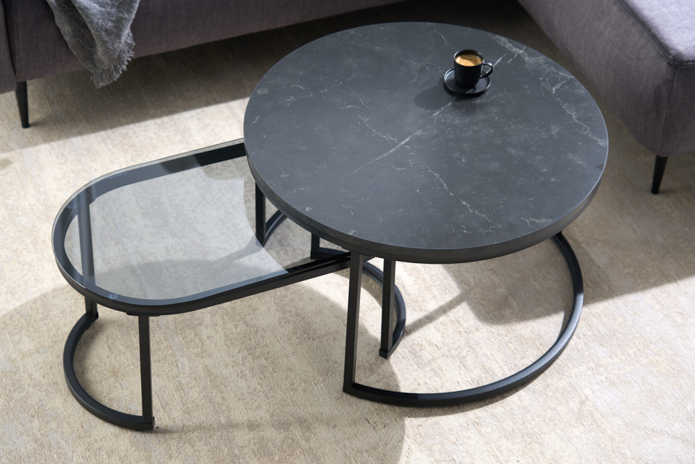 2er Set Couchtisch ELEGANCE 70cm graphit Marmor-Design Glas Metall rund oval