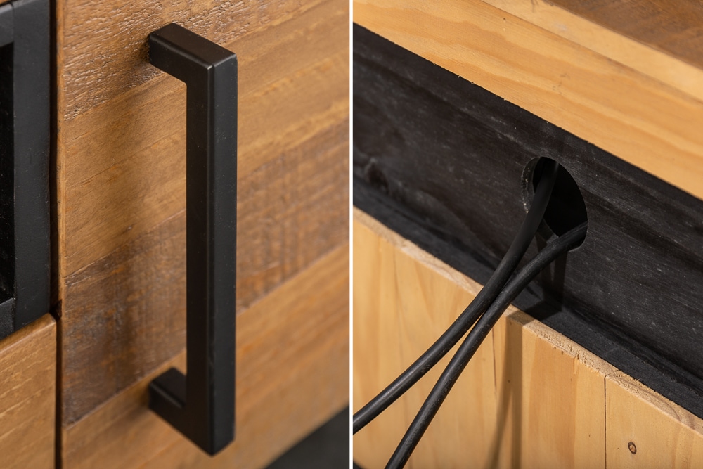 Massives TV-Lowboard THOR 200cm recyceltes Pinienholz im Industrial Design