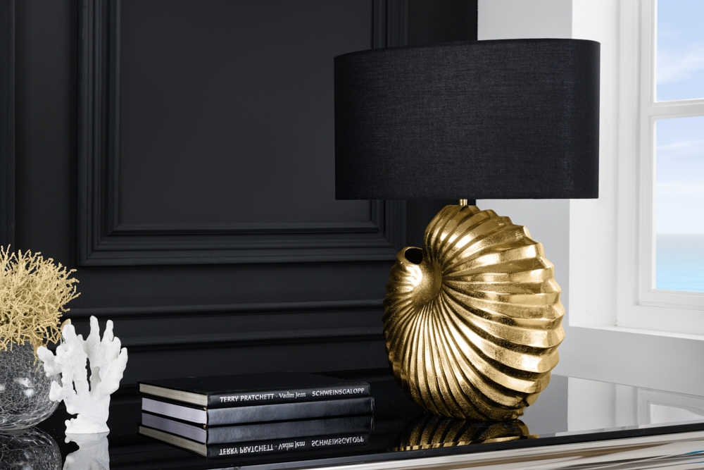 Design Tischlampe SHELL 60cm gold schwarz Metall Stoffschirm maritim