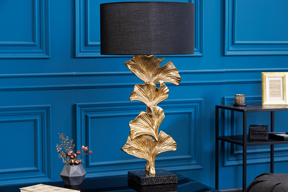 Design Tischlampe GINKGO 70cm schwarz Stoffschirm gold Metall handmade Marmor-Fuß