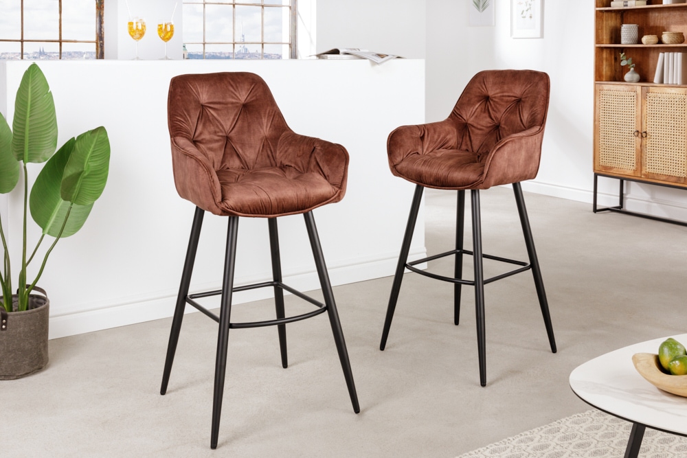Design Barhocker MILANO rost braun Samt Barstuhl mit Lehne Metall schwarz Chesterfield-Steppung