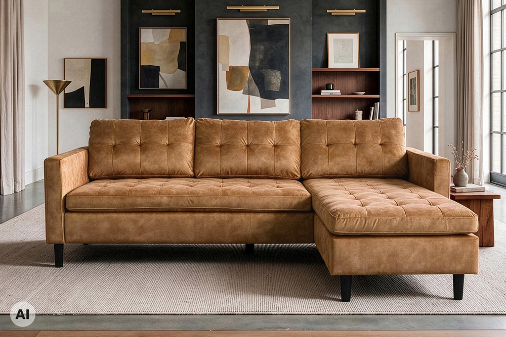 Ecksofa STOCKHOLM 220cm senfgelb Samtstoff Federkern 3-Sitzer-Sofa