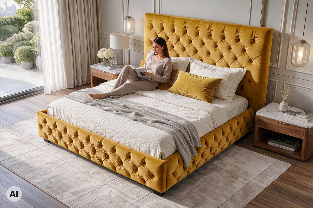 Queensize Doppelbett PARIS 160x200cm senfgelb Samt Chesterfield Design