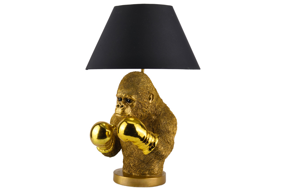 Handgefertigte Tischlampe KING APE 55cm schwarz gold Stoffschirm Affen-Skulptur