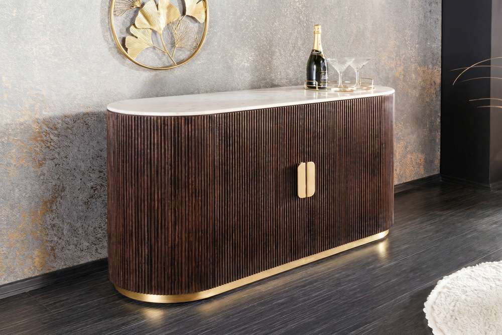 Massives Sideboard GATSBY 120cm braun Mangoholz gold Metall weiße Marmorplatte