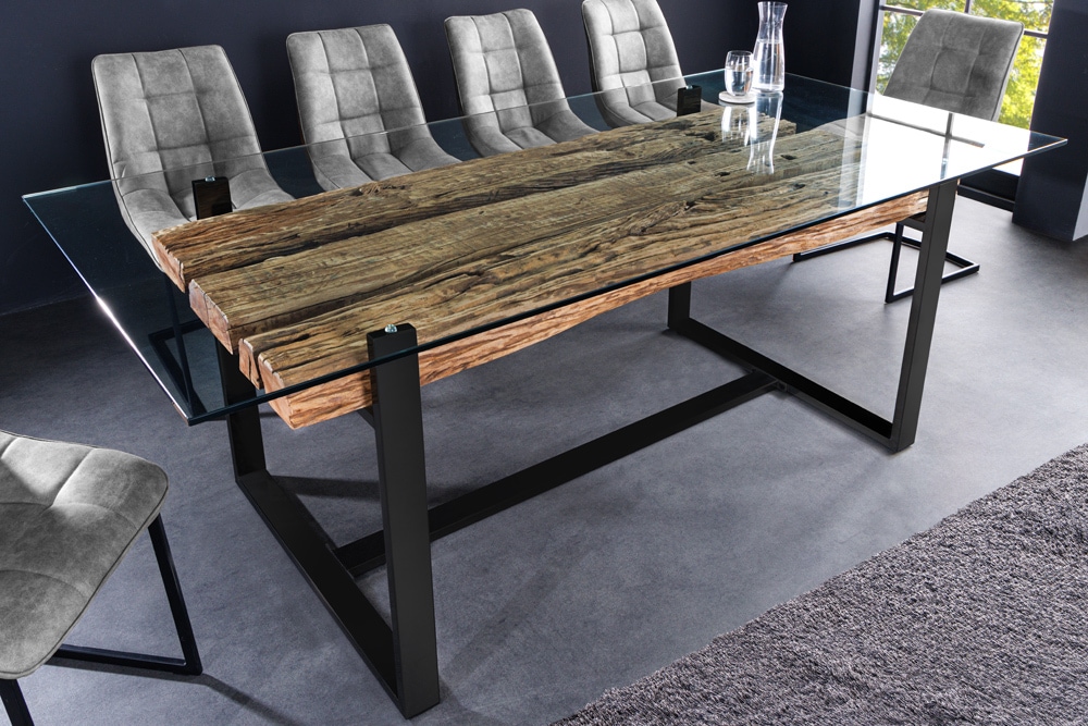 Design Glas Esstisch BARRACUDA 220cm natur Teak Massivholz schwarz Kufengestell