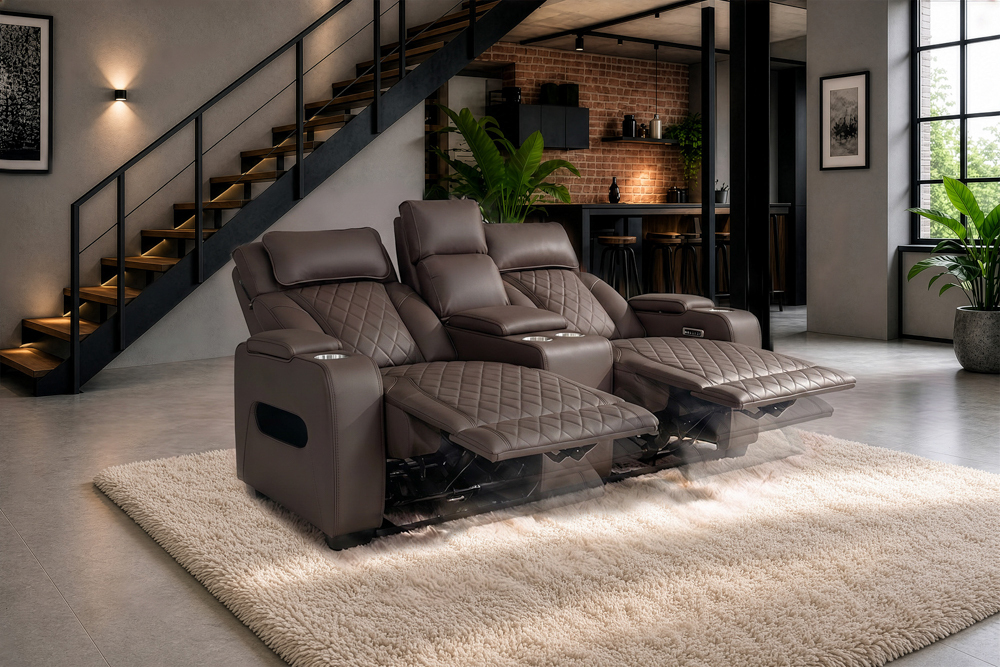 Elektrischer 2er Kinosessel HOLLYWOOD braun Kunstleder Relaxfunktion Getränkehalter