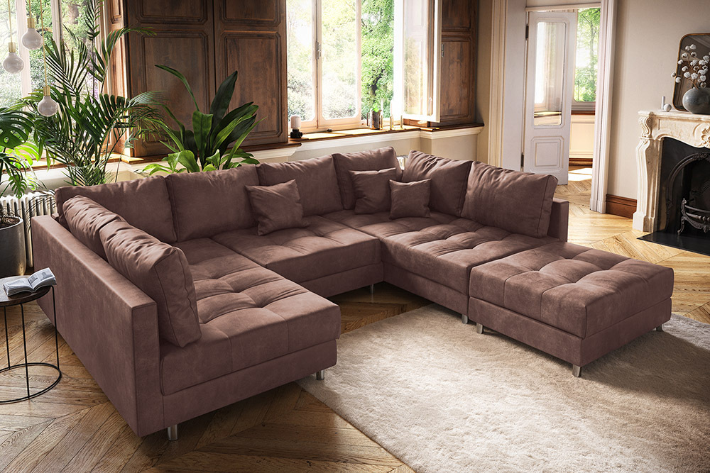 Moderne XXL Wohnlandschaft KENT 305cm antik braun Federkern Bigsofa inkl. Hocker